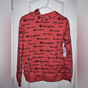 CHAMPION NWT Allover SCRIPT LOGO French Terry Raglan HOODIE Shirt Girls